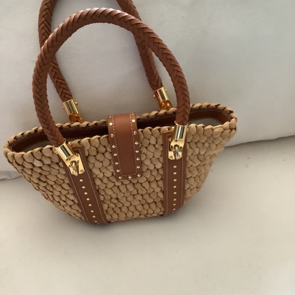 Woven Straw Tote Bag with Brown Leather Trim - Picture 3 of 3